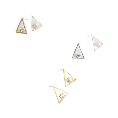 Triangle White CZ Natural Pearl 925 Sterling Silver Studs Asymmetry Earrings