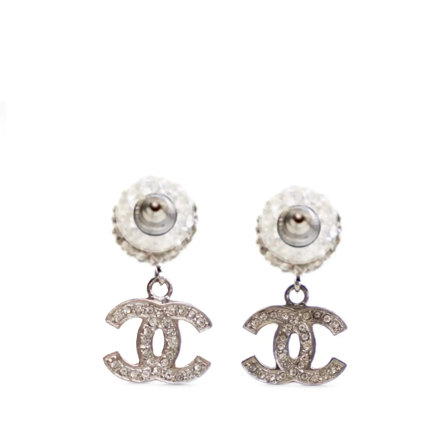 Chanel Silver Plated Crystal CC Drop Push Back Earrings