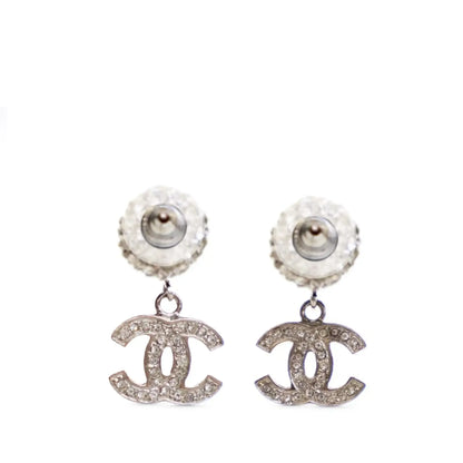 Chanel Silver Plated Crystal CC Drop Push Back Earrings
