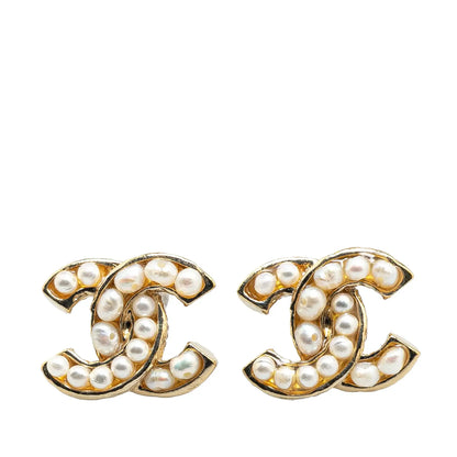 Chanel CC Gold Plated Faux Pearl Push Back Earrings