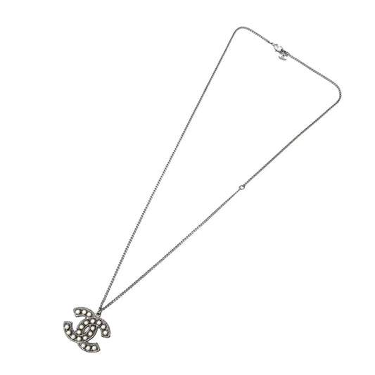 Chanel CC Silver Plated Faux Pearl Pendant Necklace