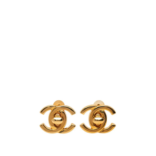 Chanel Gold Plated CC Turn Lock Clip on Earrings