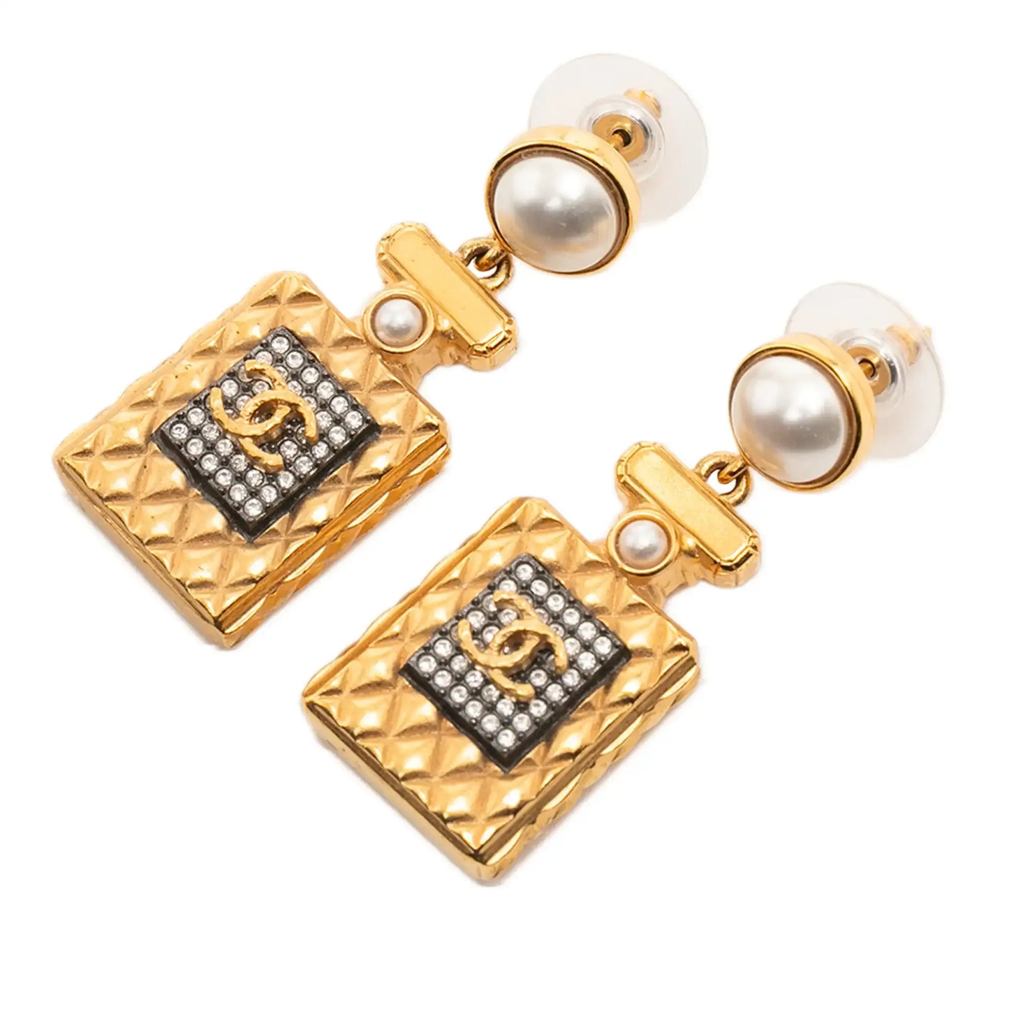 Chanel Gold Plated Faux Pearl and Strass CC Perfume Bottle Drop Earrings