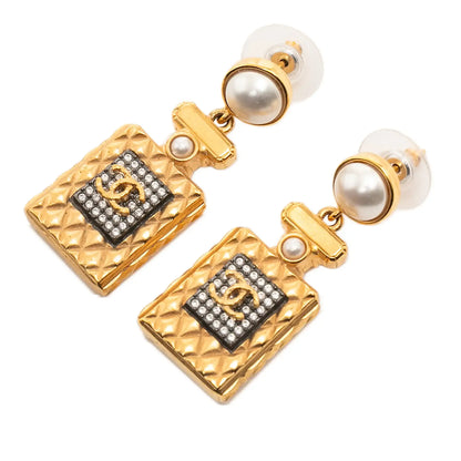 Chanel Gold Plated Faux Pearl and Strass CC Perfume Bottle Drop Earrings