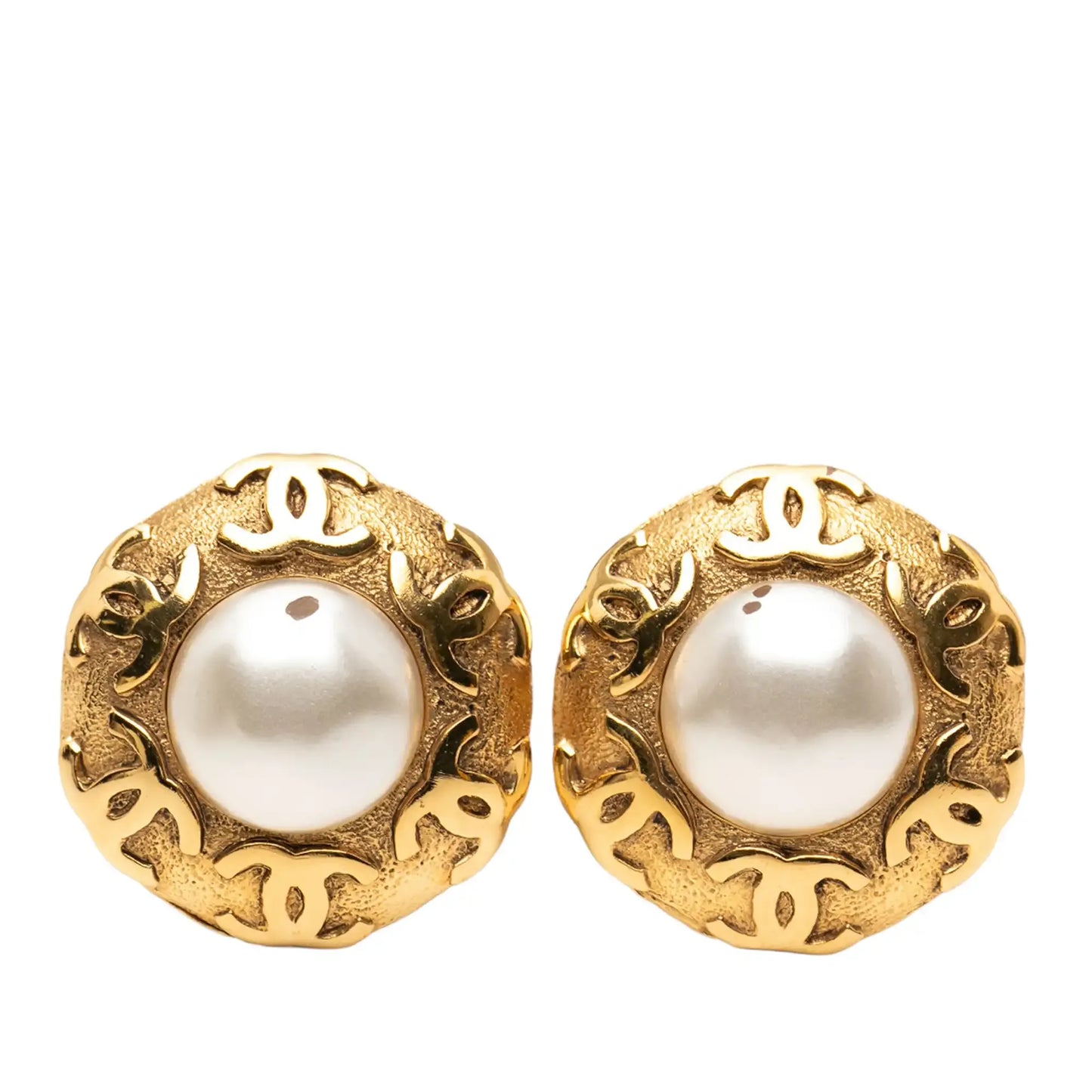 Chanel CC Gold Plated Faux Pearl Round Clip on Earrings
