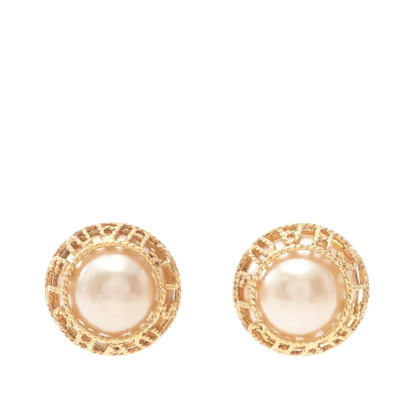 Chanel Gold Plated Faux Pearl Logo Clip On Earrings