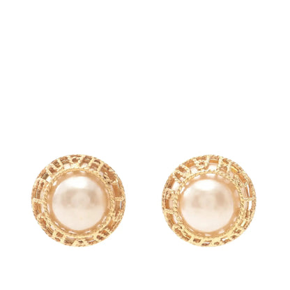 Chanel Gold Plated Faux Pearl Logo Clip On Earrings