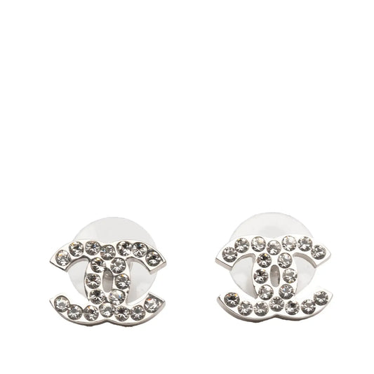 Chanel Silver Plated CC Rhinestone Push Back Earrings