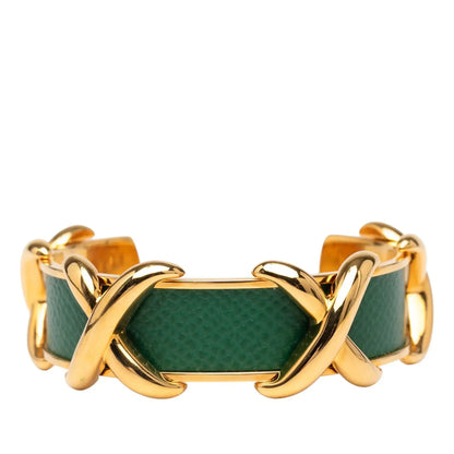 Hermès Gold Plated and Leather Criss Cross Cuff Bracelet