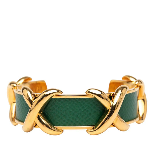 Hermès Gold Plated and Leather Criss Cross Cuff Bracelet