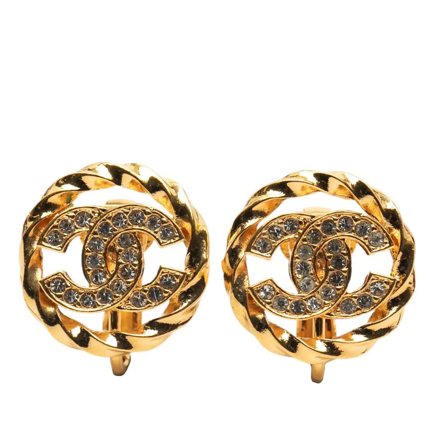 Chanel Gold Plated CC Rhinestones Clip On Earrings