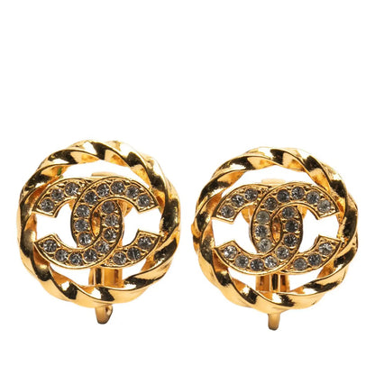 Chanel Gold Plated CC Rhinestones Clip On Earrings