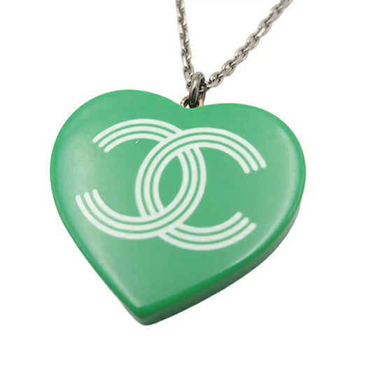 Chanel Silver Plated CC Resin Heart Pendant Necklace