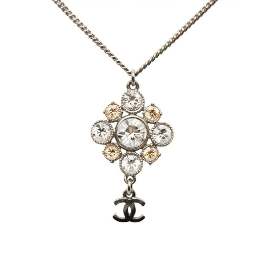 Chanel CC Silver Plated Rhinestone Pendant Necklace