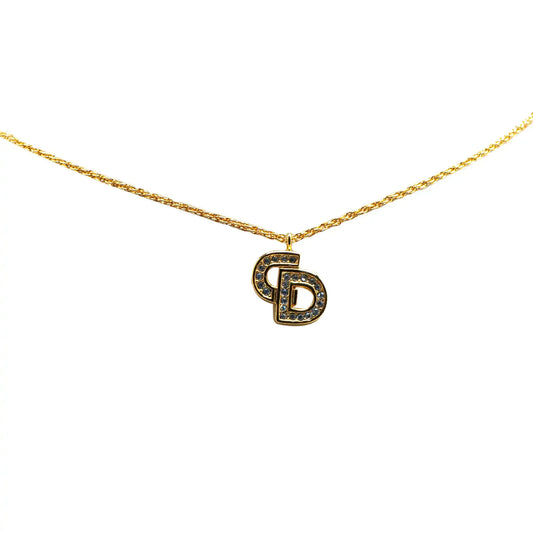 Dior Gold Plated Logo Rhinestone Pendant Necklace