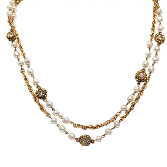 Chanel Gold Plated Rhinestone Faux Pearl Chain Long Necklace