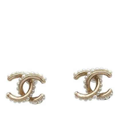 Chanel CC Gold Plated Faux Pearl Bullet Back Earrings