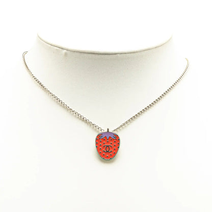 Chanel Silver Plated Enamel CC Strawberry Charm Pendant Necklace