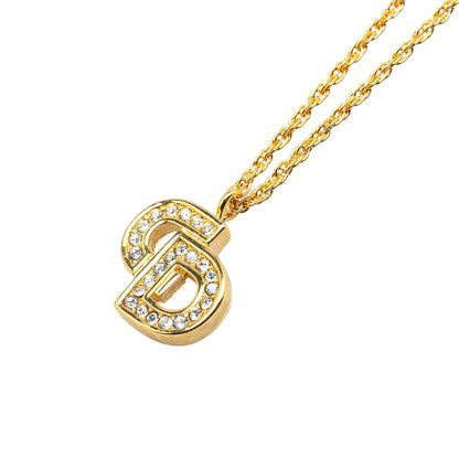 Dior Gold Plated Logo Rhinestone Pendant Necklace