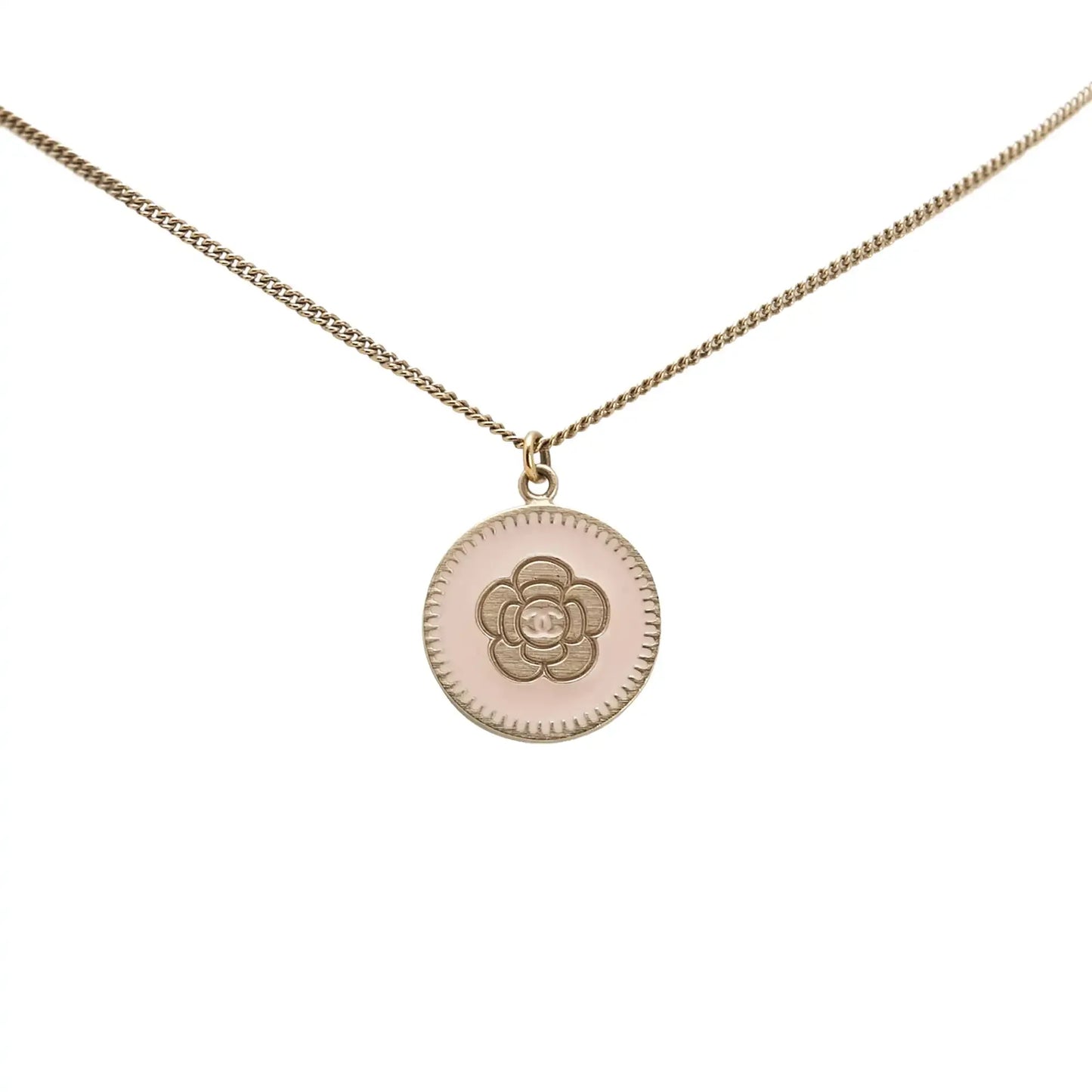 Chanel Gold Plated Enamel Camelia Pendant Necklace