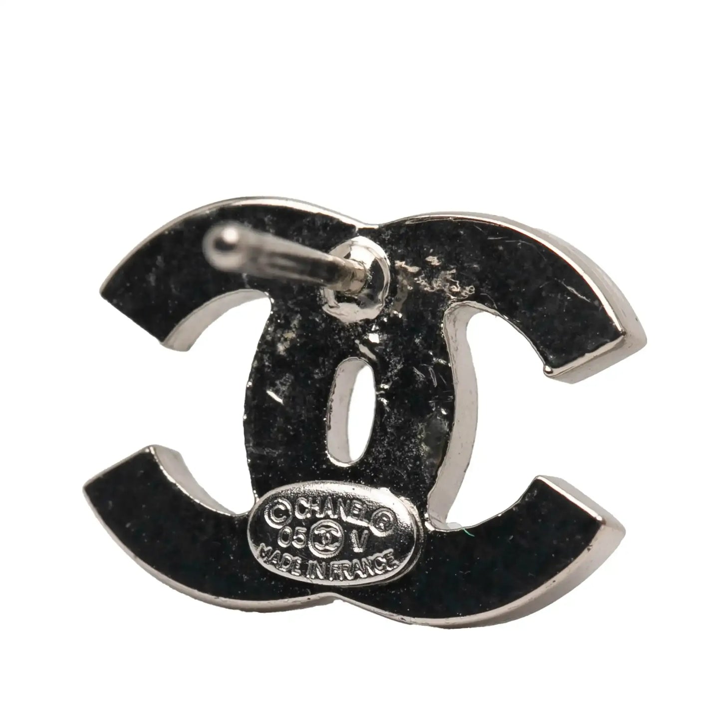 Chanel Silver Plated CC Rhinestone Push Back Earrings