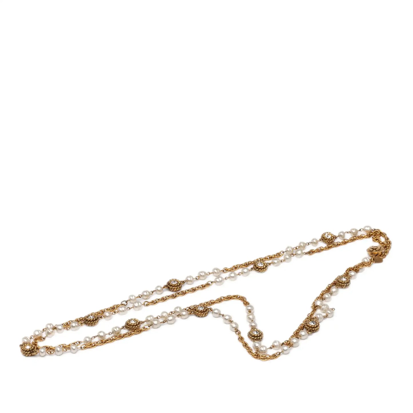 Chanel Gold Plated Rhinestone Faux Pearl Chain Long Necklace