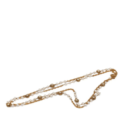 Chanel Gold Plated Rhinestone Faux Pearl Chain Long Necklace