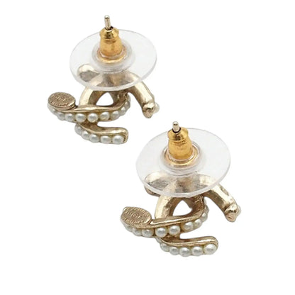 Chanel CC Gold Plated Faux Pearl Bullet Back Earrings