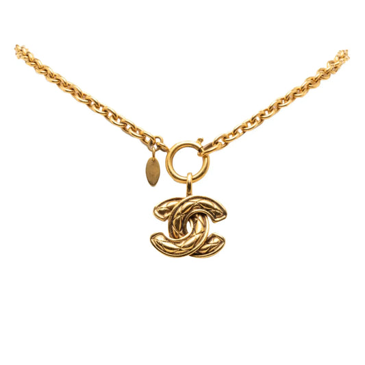 Chanel Gold Plated Quilted CC Pendant Necklace