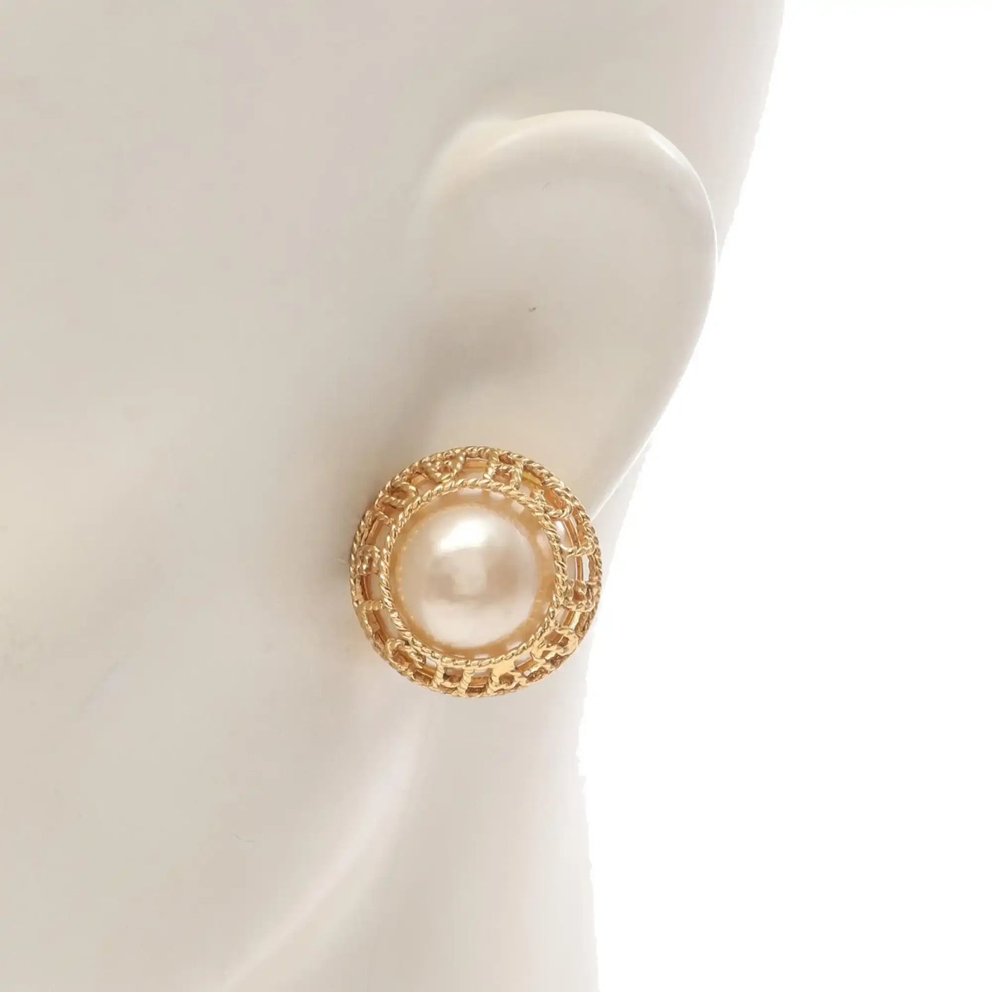 Chanel Gold Plated Faux Pearl Logo Clip On Earrings