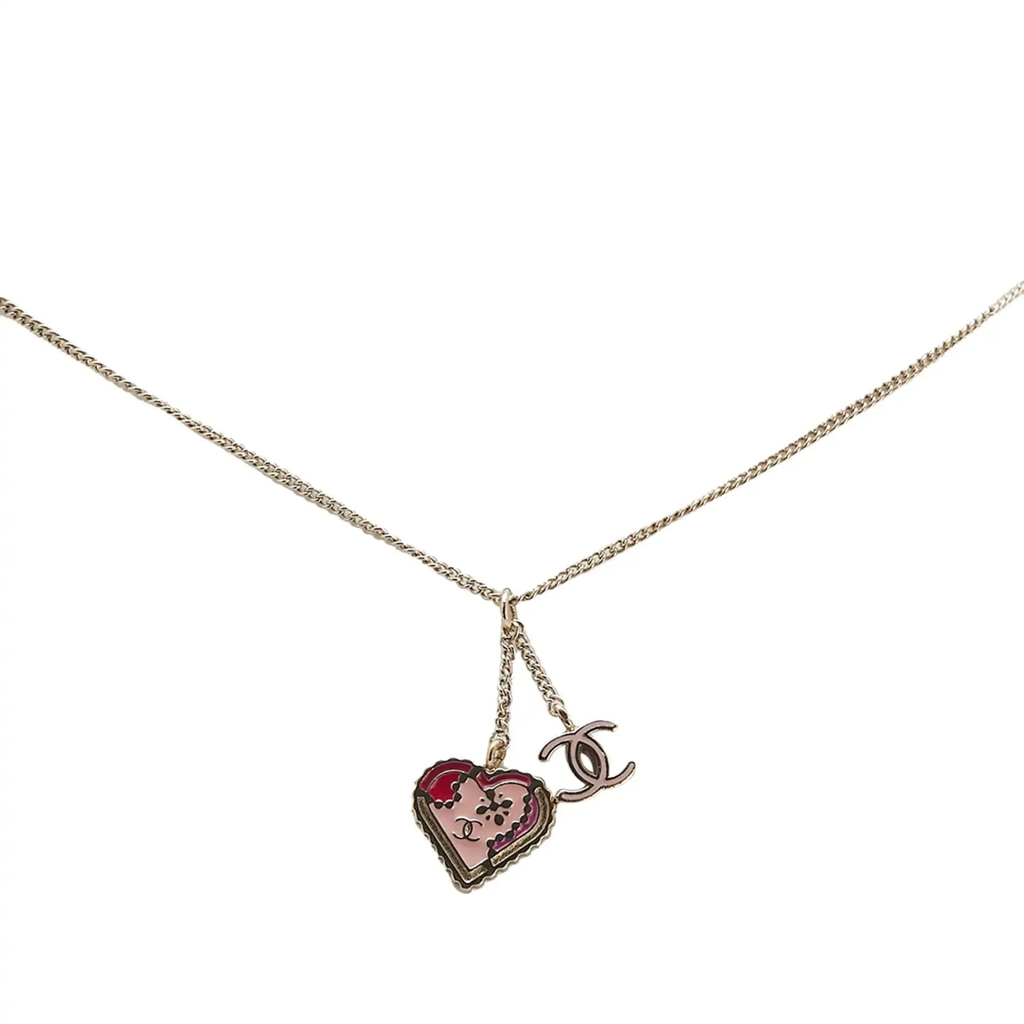 Chanel Gold Plated Enamel CC Heart Pendant Necklace