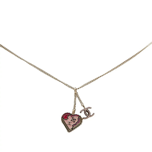 Chanel Gold Plated Enamel CC Heart Pendant Necklace