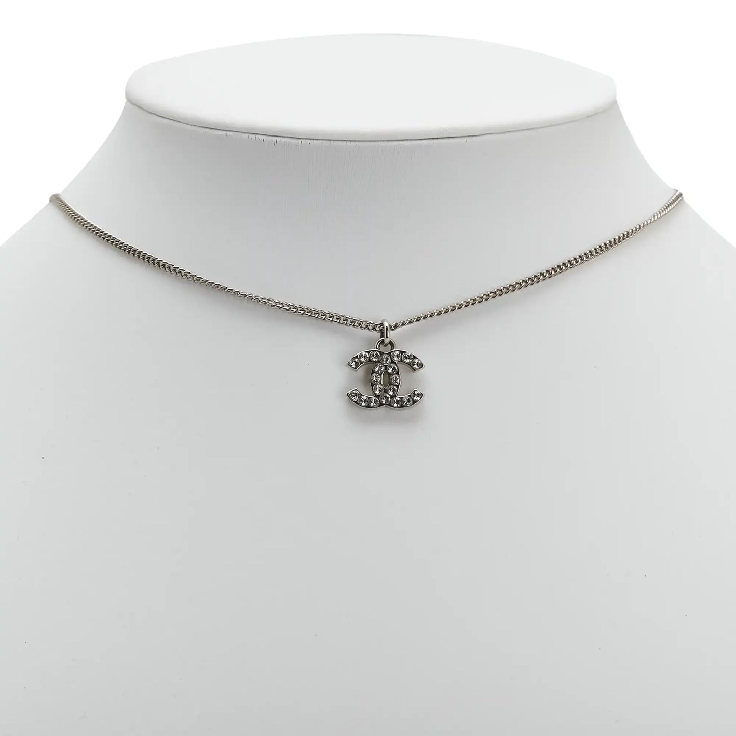 Chanel Silver Plated CC Rhinestones Pendant Necklace