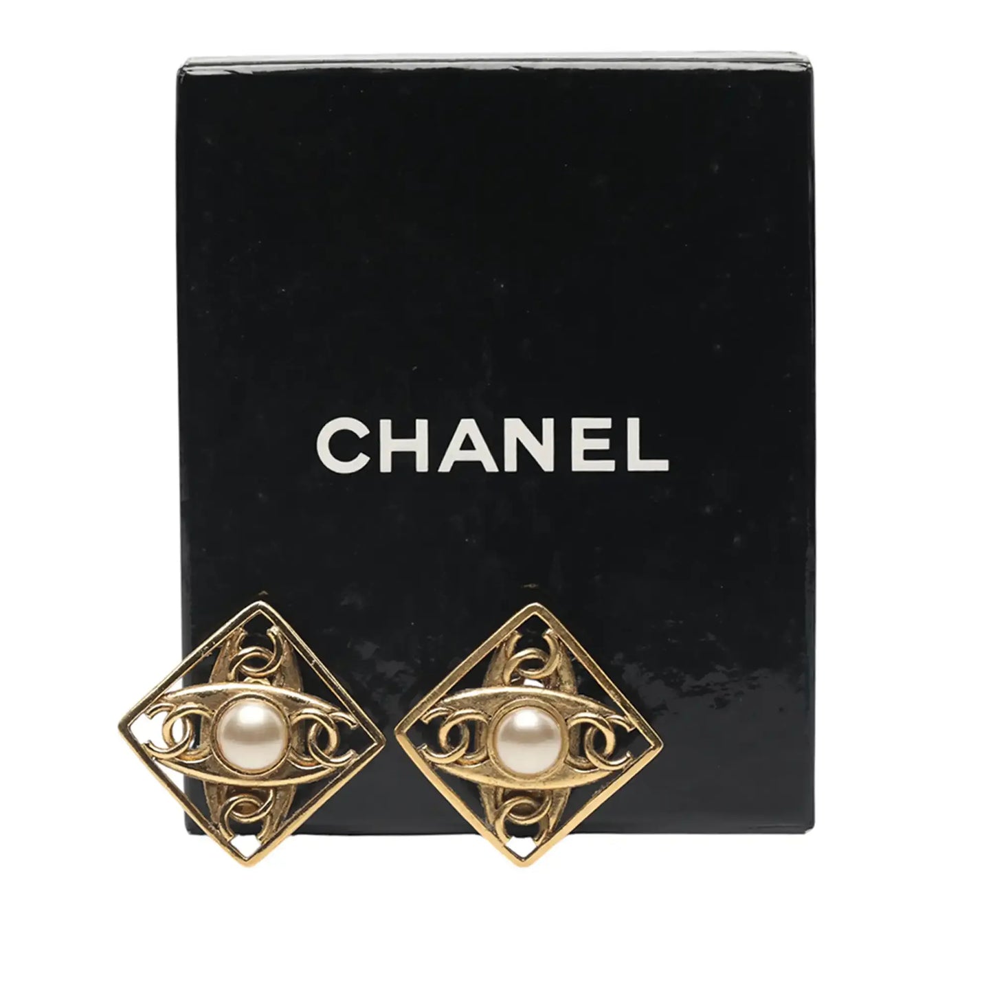 Chanel Gold Plated Faux Pearl CC Diamond Shaped Clip On Earrings