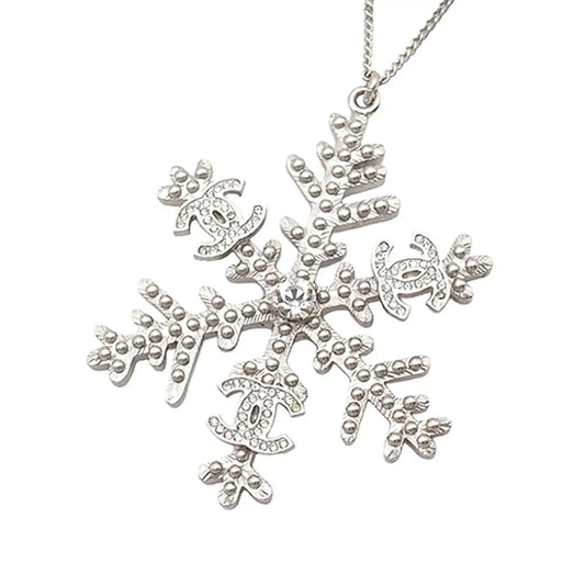 Chanel Silver Plated CC Rhinestone Snowflake Pendant Necklace