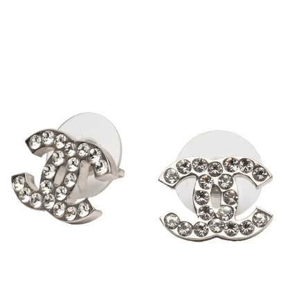 Chanel Silver Plated CC Rhinestone Push Back Earrings