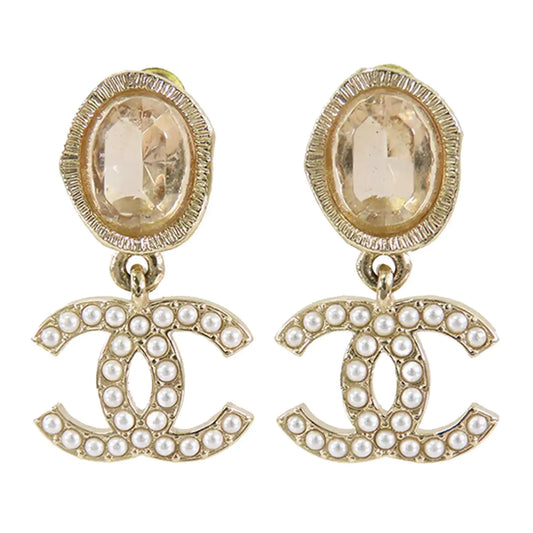 Chanel Gold Plated Crystal Faux Pearl CC Drop Push Back Earrings
