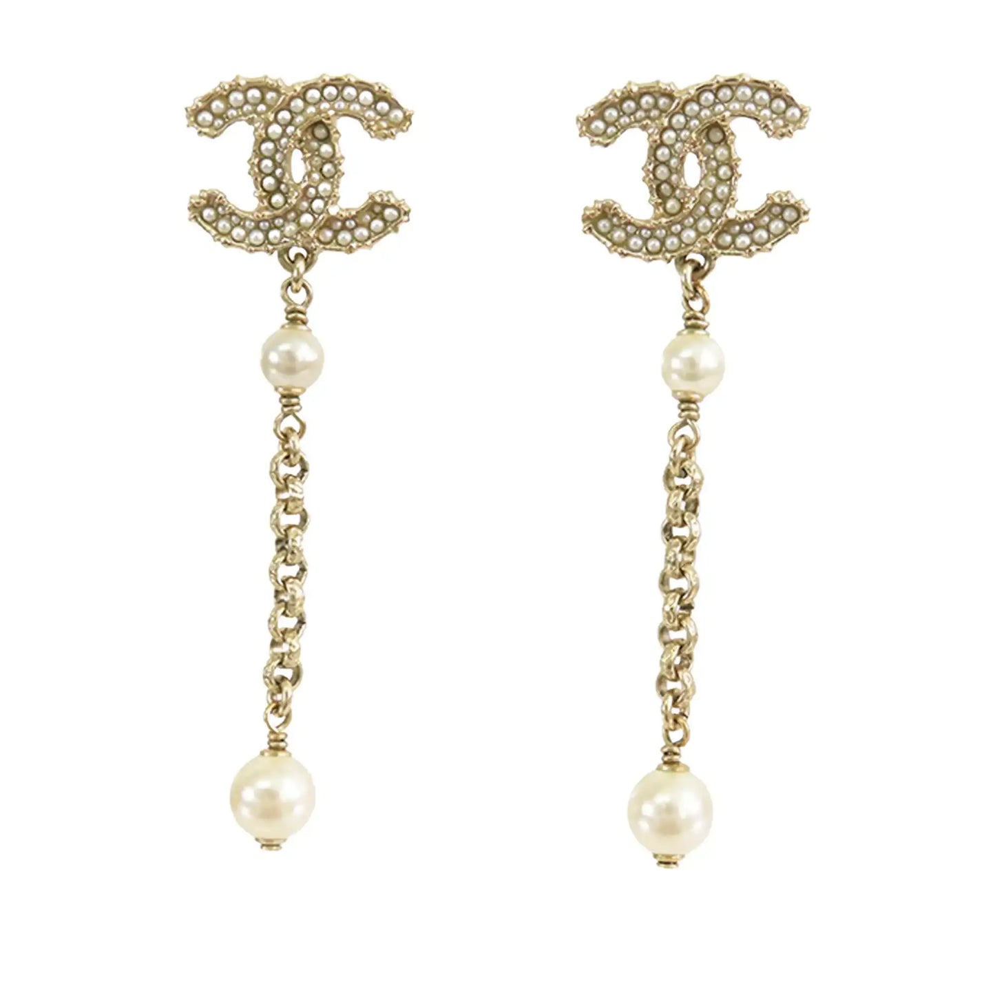 Chanel Gold Plated Faux Pearl CC Dangle Bullet Back Earrings
