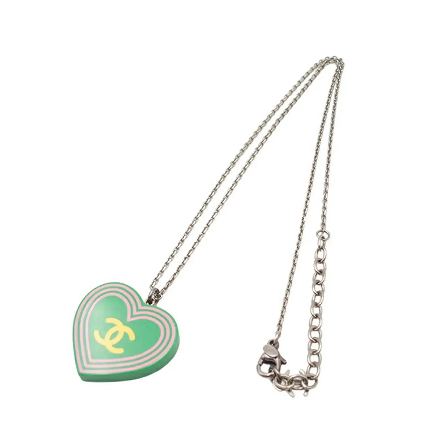 Chanel Silver Plated CC Resin Heart Pendant Necklace