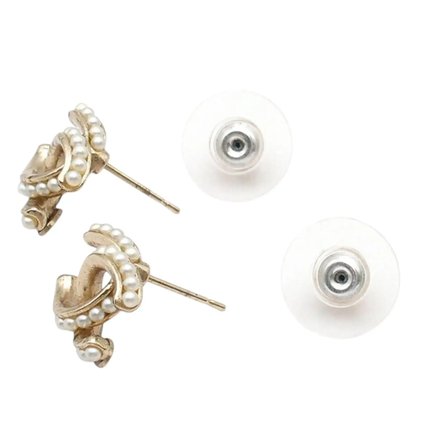 Chanel CC Gold Plated Faux Pearl Bullet Back Earrings