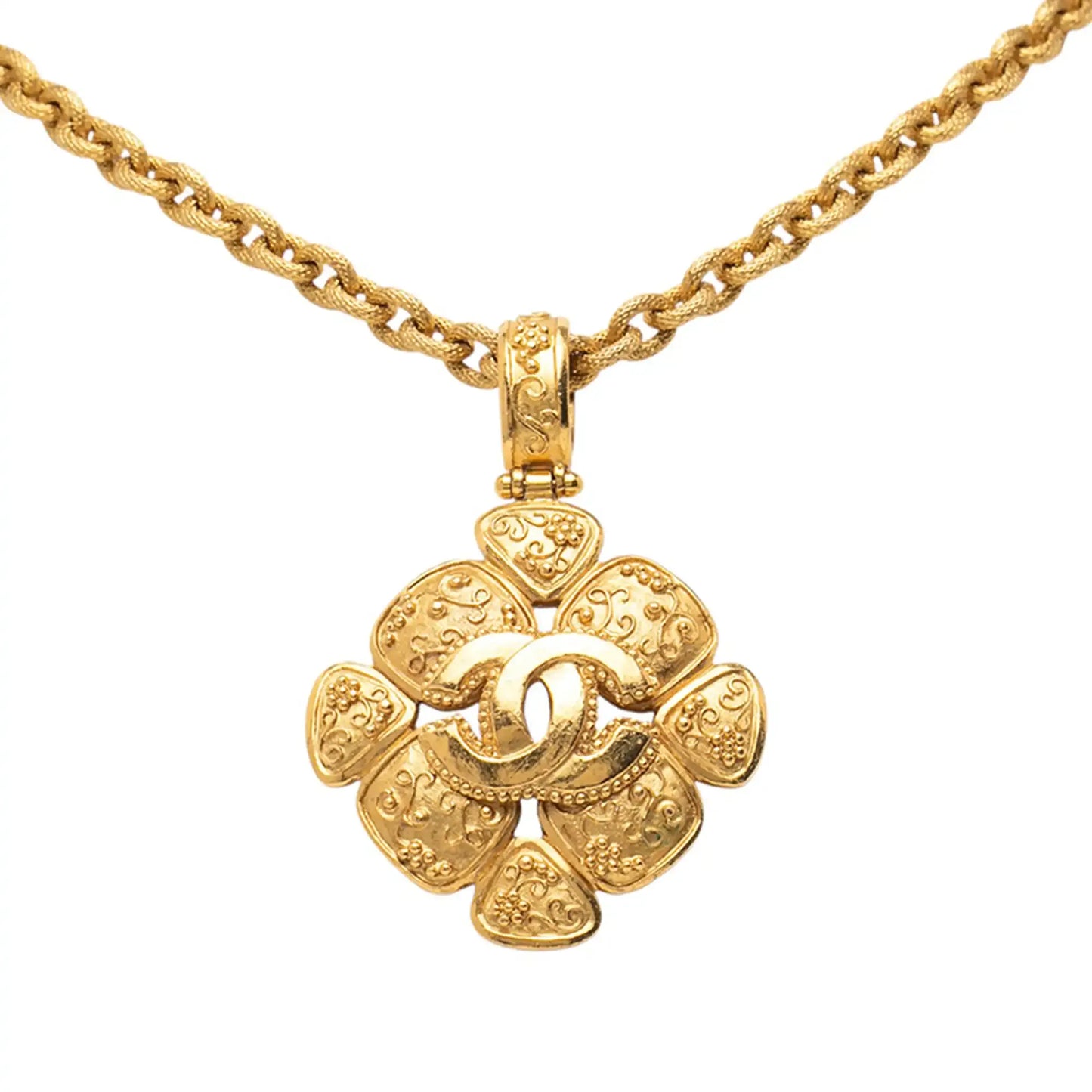 Chanel Gold Plated CC Arabesque Clover Pendant Necklace