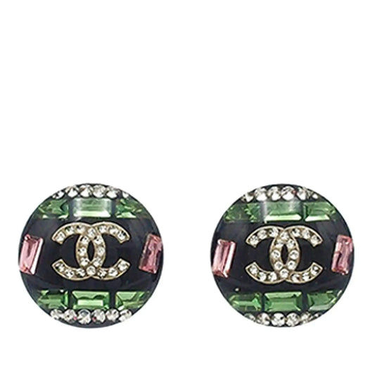 Chanel CC Resin Rhinestones Round Push Back Earrings