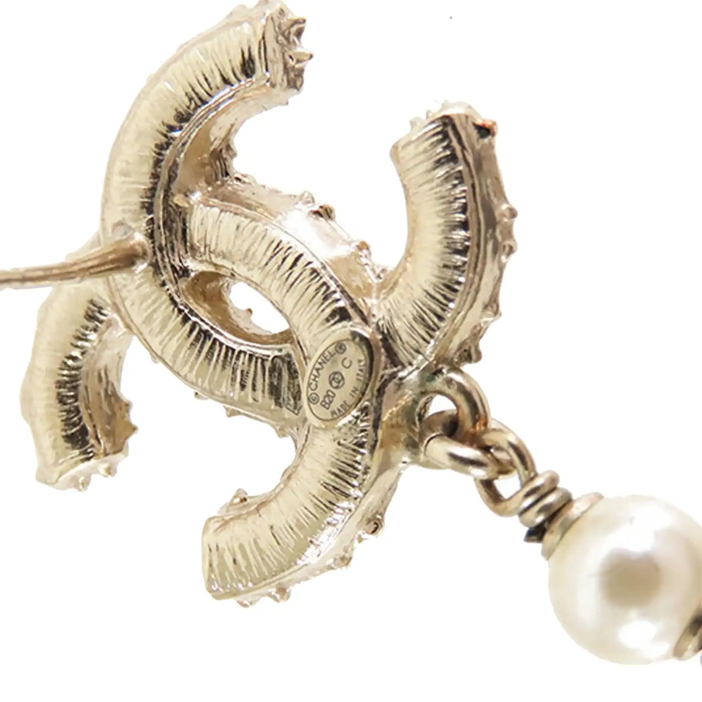Chanel Gold Plated Faux Pearl CC Dangle Bullet Back Earrings