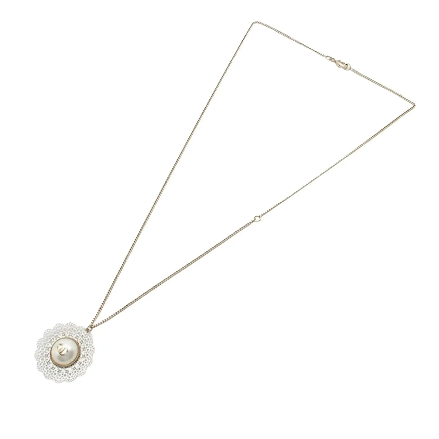 Chanel Gold Plated CC Faux Pearl Lace Pendant Necklace