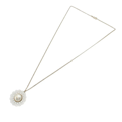 Chanel Gold Plated CC Faux Pearl Lace Pendant Necklace