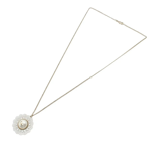 Chanel Gold Plated CC Faux Pearl Lace Pendant Necklace