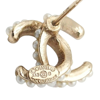 Chanel CC Gold Plated Faux Pearl Bullet Back Earrings