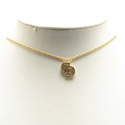 Dior Gold Plated Logo Rhinestone Pendant Necklace