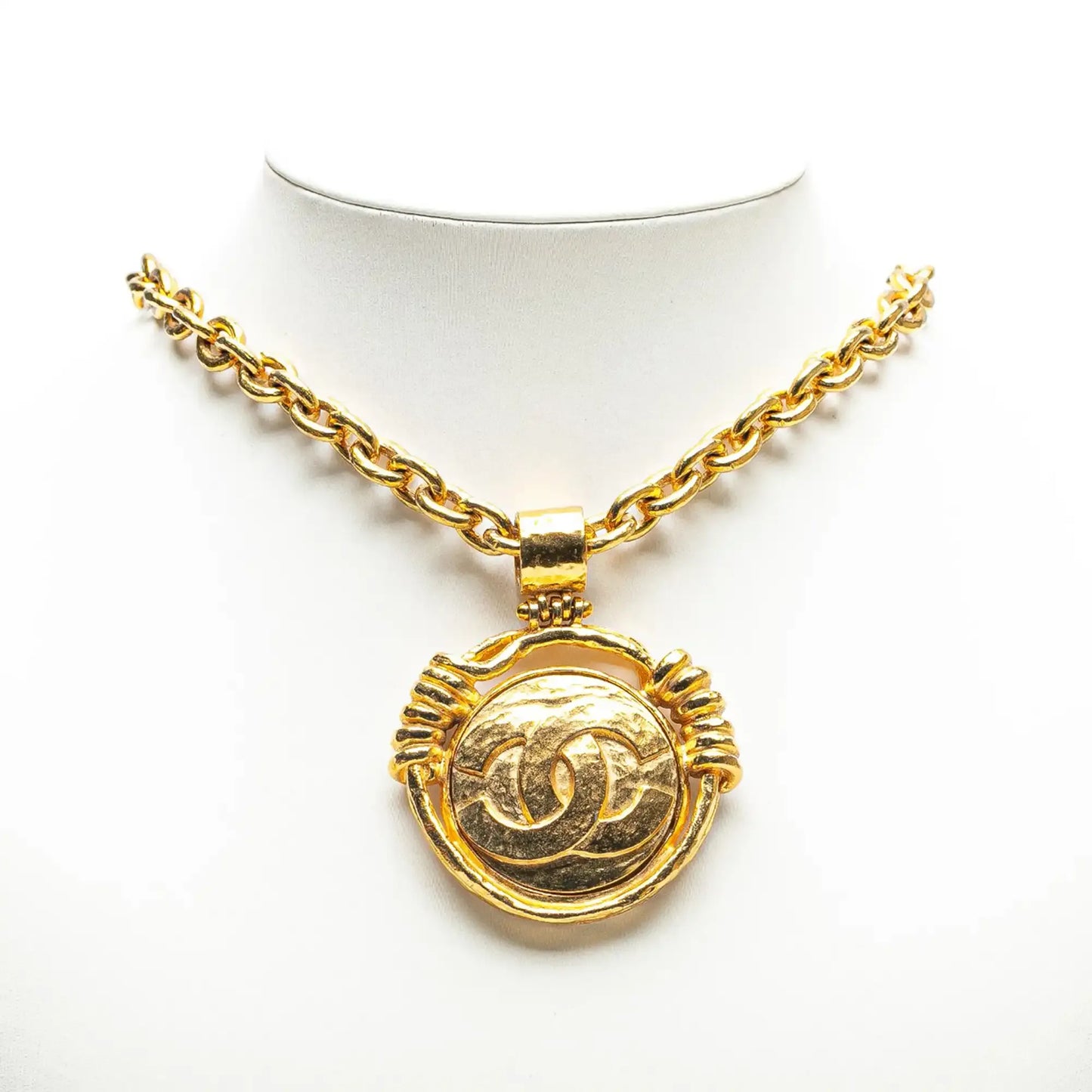 Chanel Gold Plated CC Round Mirror Pendant Necklace