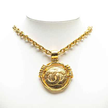 Chanel Gold Plated CC Round Mirror Pendant Necklace